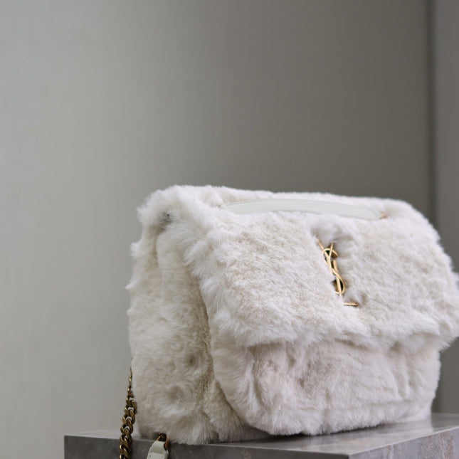 NIKI MEDIUM 28 IN WHITE RABBIT FUR GOLD HARDWARE