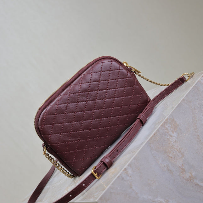 GABY ZIPPED POUCH 19 IN WINE RED QUILTED LAMBSKIN GOLD HARDWARE