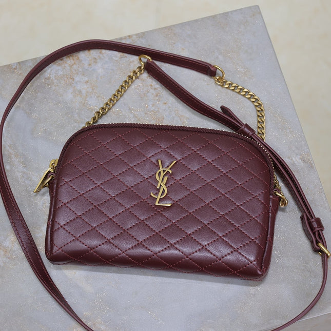 GABY ZIPPED POUCH 19 IN WINE RED QUILTED LAMBSKIN GOLD HARDWARE