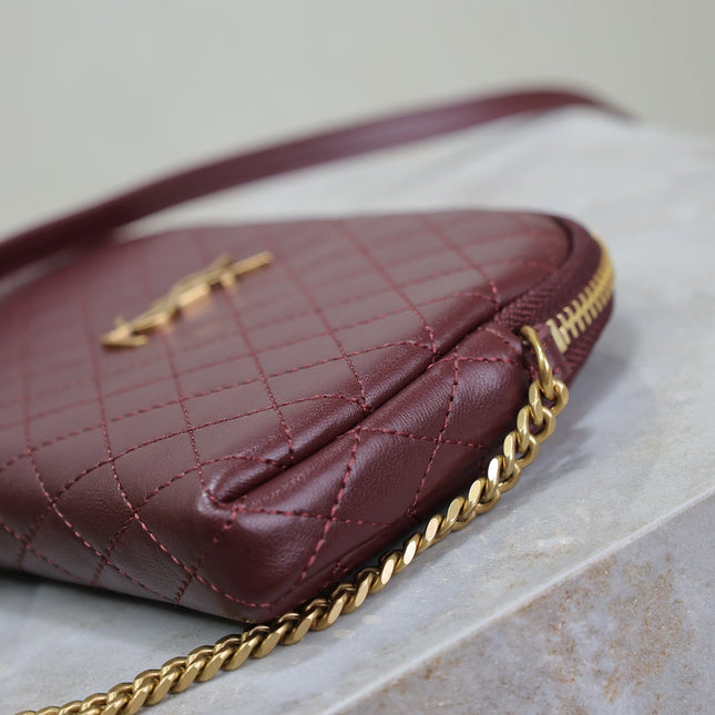 GABY ZIPPED POUCH 19 IN WINE RED QUILTED LAMBSKIN GOLD HARDWARE