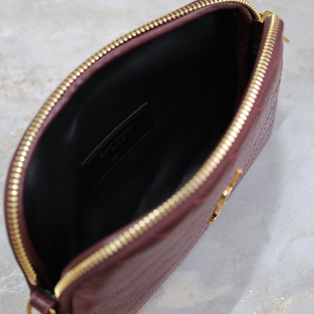 GABY ZIPPED POUCH 19 IN WINE RED QUILTED LAMBSKIN GOLD HARDWARE