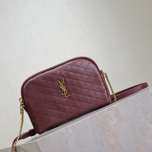 GABY ZIPPED POUCH 19 IN WINE RED QUILTED LAMBSKIN GOLD HARDWARE