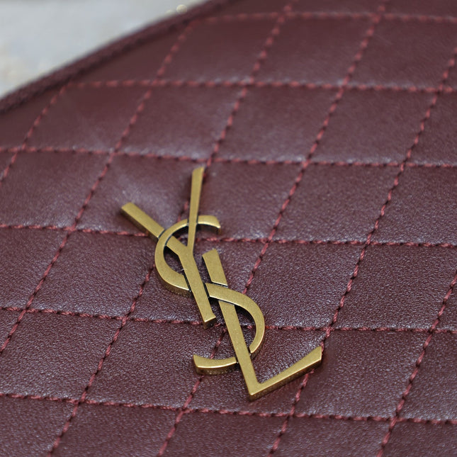 GABY ZIPPED POUCH 19 IN WINE RED QUILTED LAMBSKIN GOLD HARDWARE