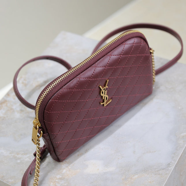 GABY ZIPPED POUCH 19 IN WINE RED QUILTED LAMBSKIN GOLD HARDWARE
