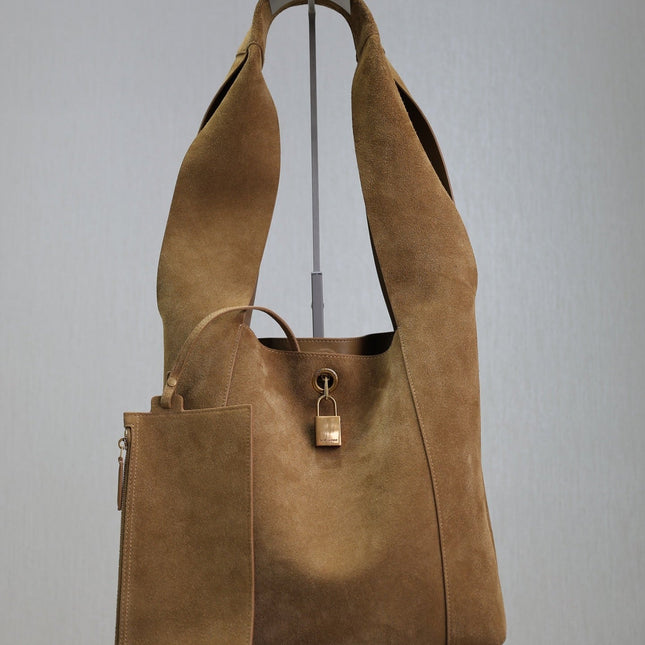 TANGER HOBO BAG 27 IN PEANUT BROWN SUEDE