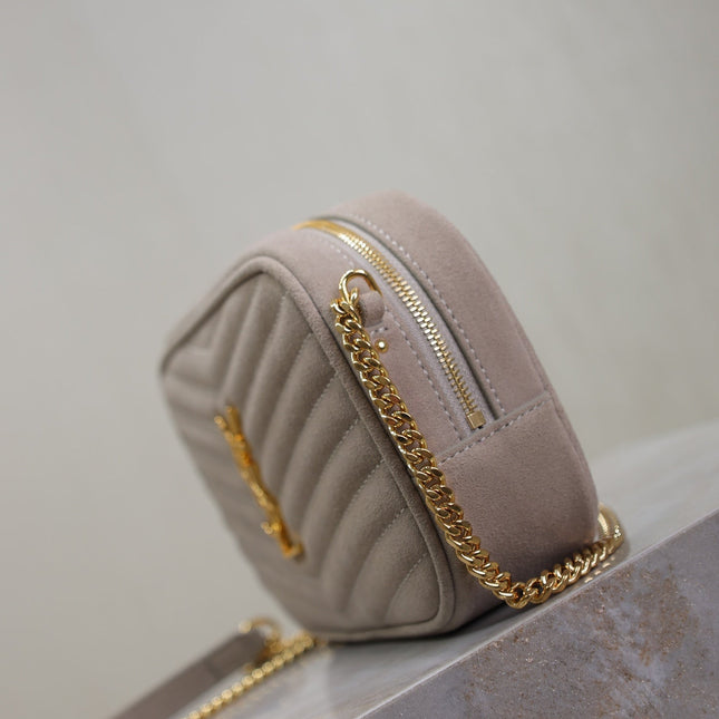LOU MINI CAMERA BAG 18 IN SILVER PINK SUEDE GOLD HARDWARE