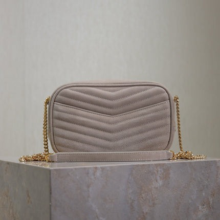 LOU MINI CAMERA BAG 18 IN SILVER PINK SUEDE GOLD HARDWARE