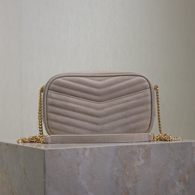 LOU MINI CAMERA BAG 18 IN SILVER PINK SUEDE GOLD HARDWARE