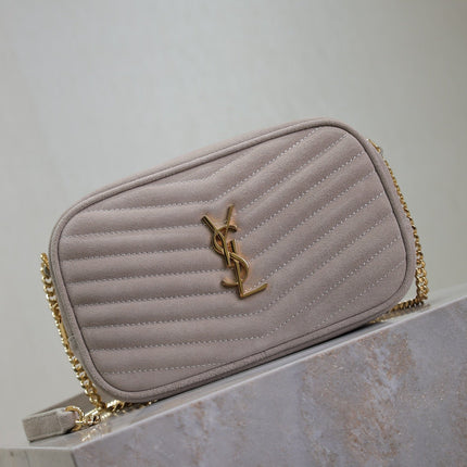 LOU MINI CAMERA BAG 18 IN SILVER PINK SUEDE GOLD HARDWARE