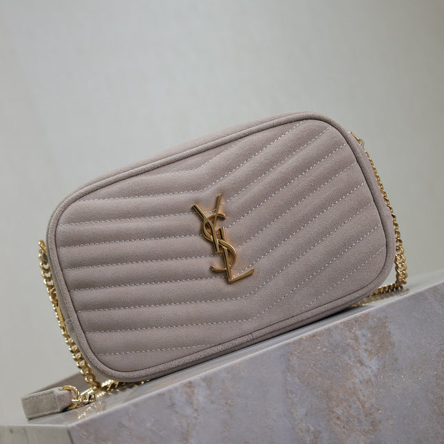 LOU MINI CAMERA BAG 18 IN SILVER PINK SUEDE GOLD HARDWARE