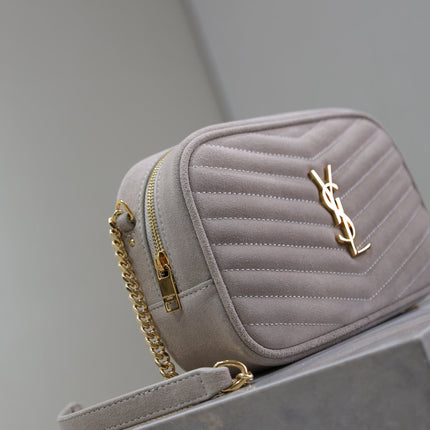 LOU MINI CAMERA BAG 18 IN SILVER PINK SUEDE GOLD HARDWARE