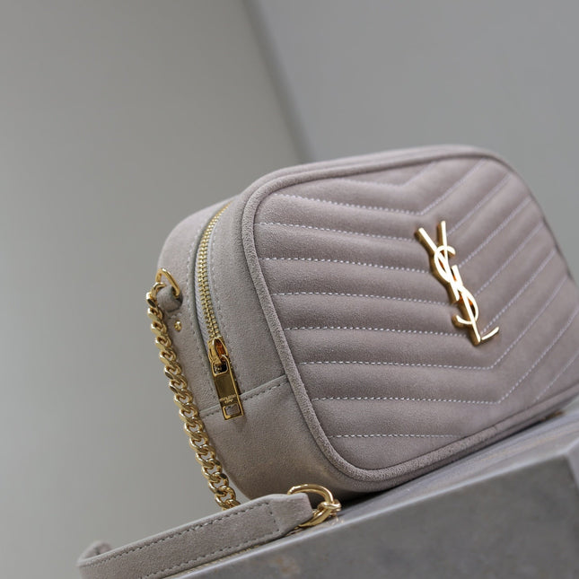 LOU MINI CAMERA BAG 18 IN SILVER PINK SUEDE GOLD HARDWARE
