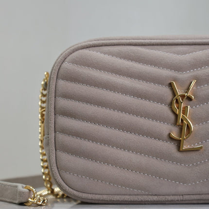 LOU MINI CAMERA BAG 18 IN SILVER PINK SUEDE GOLD HARDWARE