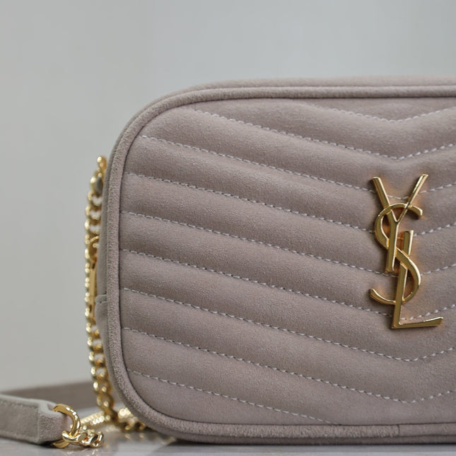 LOU MINI CAMERA BAG 18 IN SILVER PINK SUEDE GOLD HARDWARE
