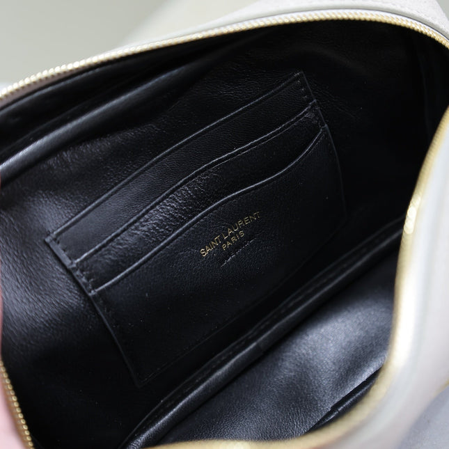 LOU MINI CAMERA BAG 18 IN SILVER PINK SUEDE GOLD HARDWARE