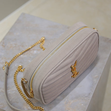 LOU MINI CAMERA BAG 18 IN SILVER PINK SUEDE GOLD HARDWARE