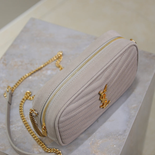 LOU MINI CAMERA BAG 18 IN SILVER PINK SUEDE GOLD HARDWARE