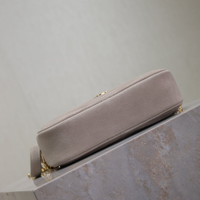 LOU MINI CAMERA BAG 18 IN SILVER PINK SUEDE GOLD HARDWARE
