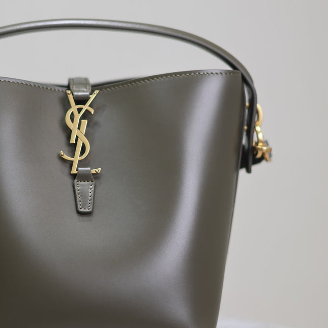 LE 37 SMALL BUCKET BAG 20 IN KHAKI GREEN CALFSKIN GOLD HARDWARE