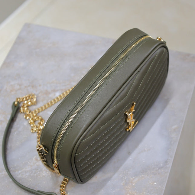 LOU MINI CAMERA BAG 18 IN KOMBU GREEN QUILTED CALFSKIN