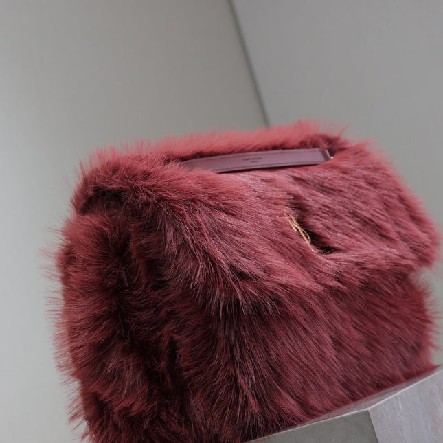 NIKI LARGE 32 IN CURRANT RED RABBIT FUR GOLD HARDWARE