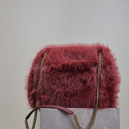 NIKI LARGE 32 IN CURRANT RED RABBIT FUR GOLD HARDWARE