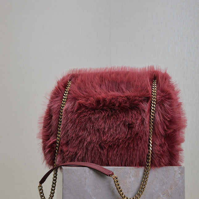 NIKI LARGE 32 IN CURRANT RED RABBIT FUR GOLD HARDWARE