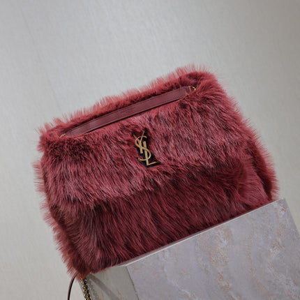 NIKI LARGE 32 IN CURRANT RED RABBIT FUR GOLD HARDWARE