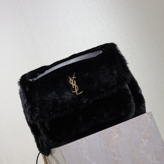NIKI LARGE 32 IN BLACK RABBIT FUR GOLD HARDWARE