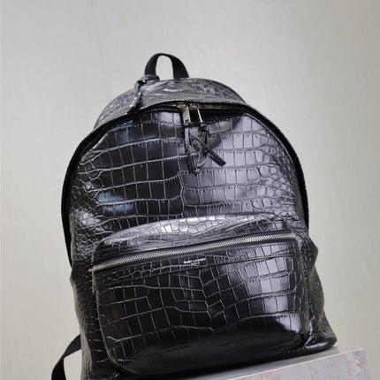 CITY BACKPACK 38 IN BLACK CROCODILE EMBOSSED CALFSKIN