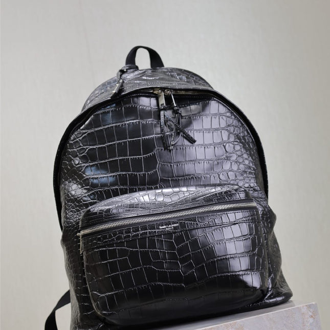 CITY BACKPACK 38 IN BLACK CROCODILE EMBOSSED CALFSKIN