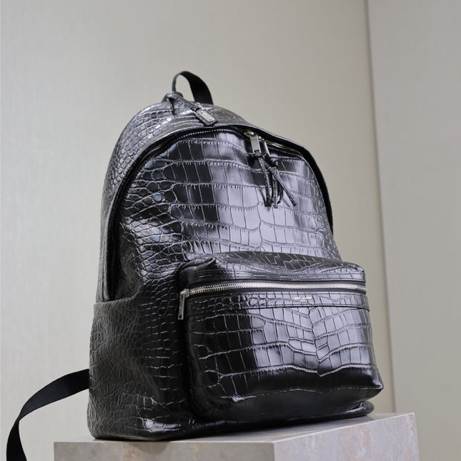 CITY BACKPACK 38 IN BLACK CROCODILE EMBOSSED CALFSKIN