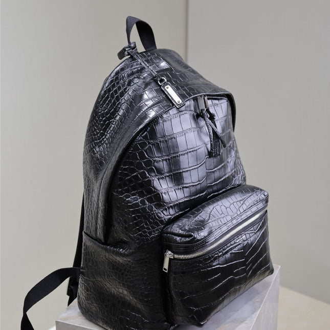CITY BACKPACK 38 IN BLACK CROCODILE EMBOSSED CALFSKIN