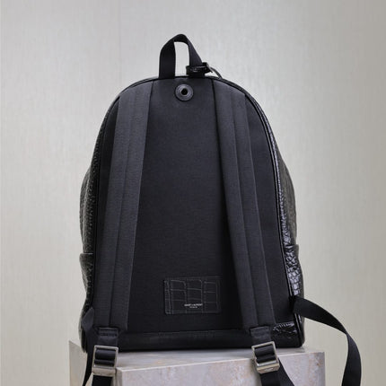 CITY BACKPACK 38 IN BLACK CROCODILE EMBOSSED CALFSKIN