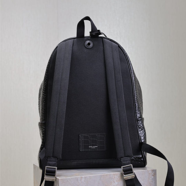 CITY BACKPACK 38 IN BLACK CROCODILE EMBOSSED CALFSKIN