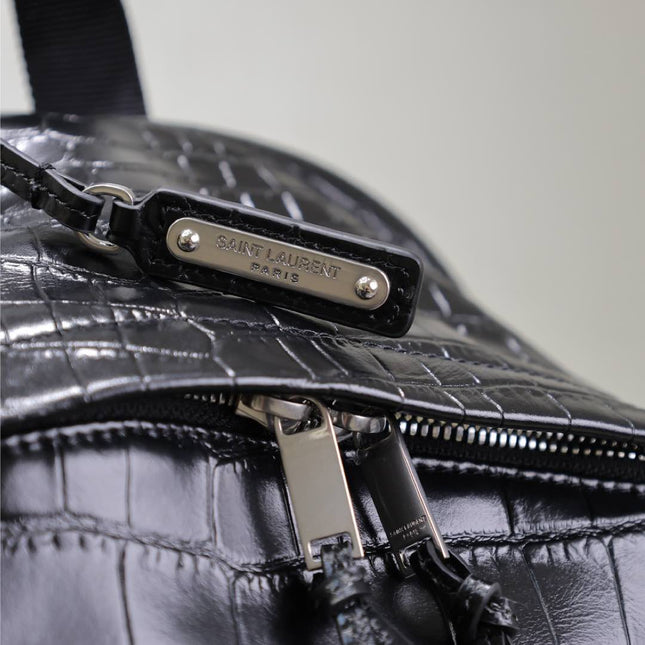 CITY BACKPACK 38 IN BLACK CROCODILE EMBOSSED CALFSKIN