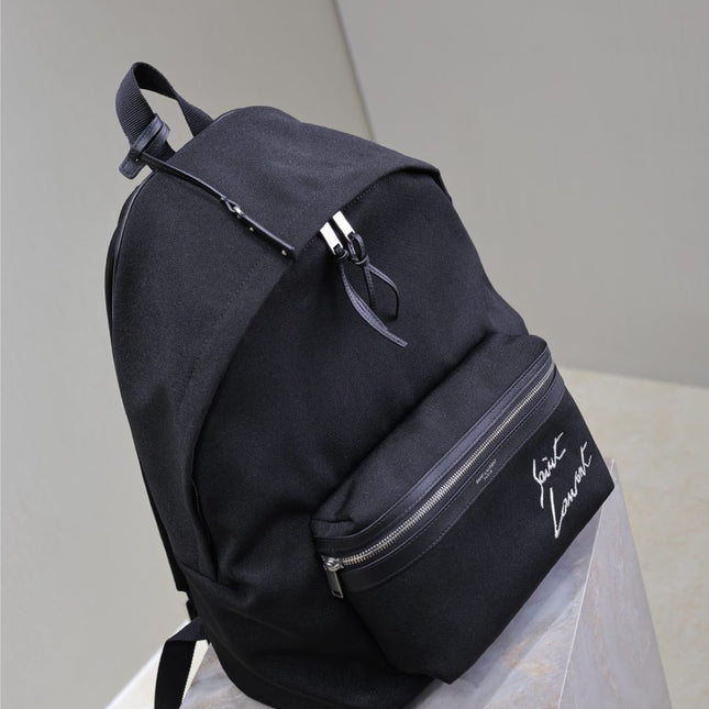 CITY BACKPACK 38 IN BLACK CANVAS WITH WHITE EMBROIDED LOGO