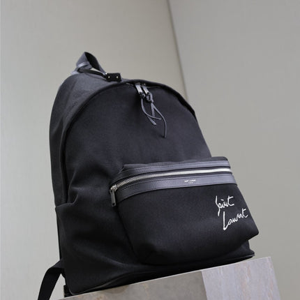 CITY BACKPACK 38 IN BLACK CANVAS WITH WHITE EMBROIDED LOGO