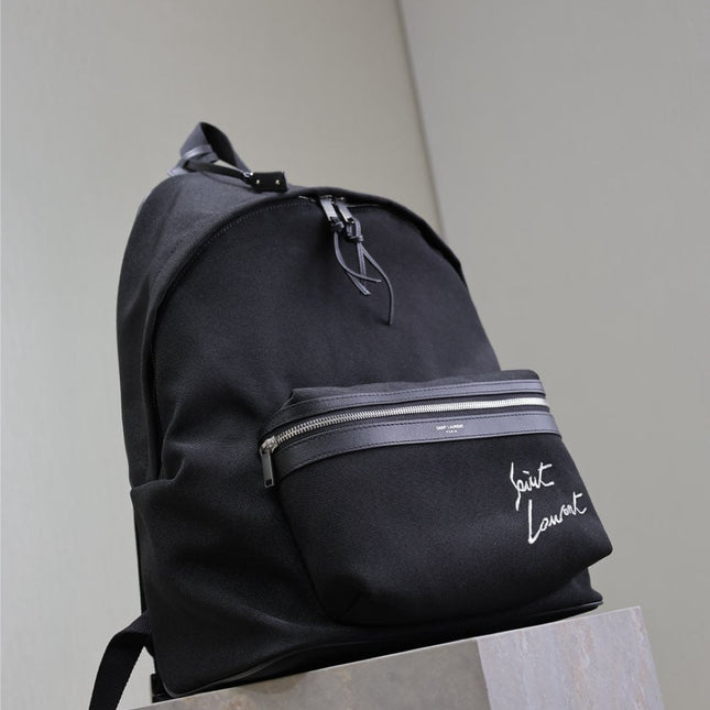 CITY BACKPACK 38 IN BLACK CANVAS WITH WHITE EMBROIDED LOGO