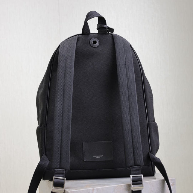 CITY BACKPACK 38 IN BLACK CANVAS WITH WHITE EMBROIDED LOGO