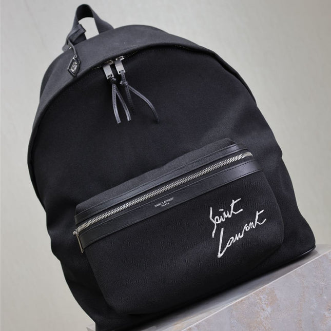 CITY BACKPACK 38 IN BLACK CANVAS WITH WHITE EMBROIDED LOGO