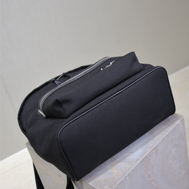 CITY BACKPACK 38 IN BLACK CANVAS WITH WHITE EMBROIDED LOGO