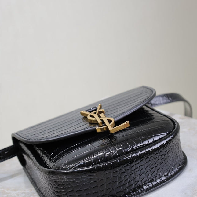 KAIA SMALL CROCODILE PATTERN BAG 18 IN BLACK GLOSSY CALFSKIN COPPER HARDWARE