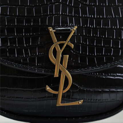 KAIA SMALL CROCODILE PATTERN BAG 18 IN BLACK GLOSSY CALFSKIN COPPER HARDWARE