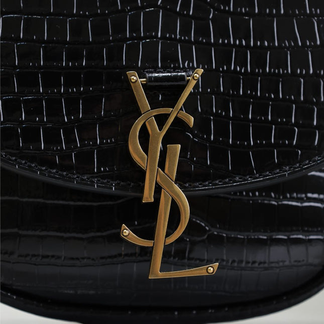 KAIA SMALL CROCODILE PATTERN BAG 18 IN BLACK GLOSSY CALFSKIN COPPER HARDWARE
