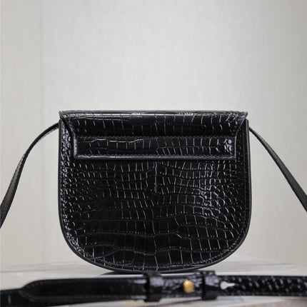 KAIA SMALL CROCODILE PATTERN BAG 18 IN BLACK GLOSSY CALFSKIN COPPER HARDWARE