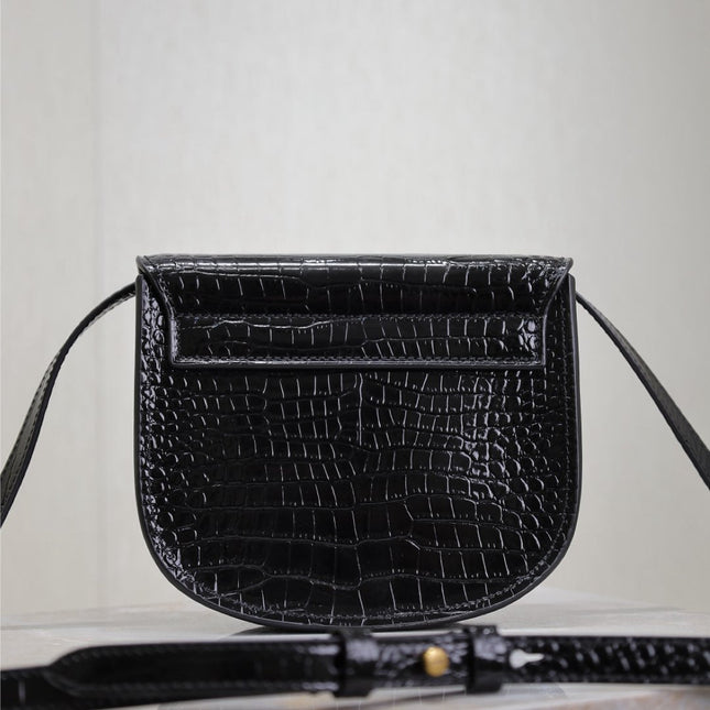 KAIA SMALL CROCODILE PATTERN BAG 18 IN BLACK GLOSSY CALFSKIN COPPER HARDWARE