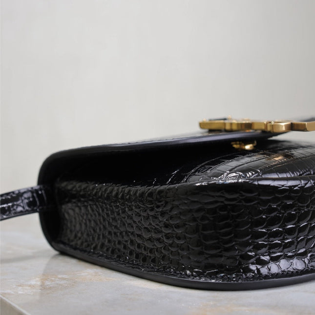 KAIA SMALL CROCODILE PATTERN BAG 18 IN BLACK GLOSSY CALFSKIN COPPER HARDWARE