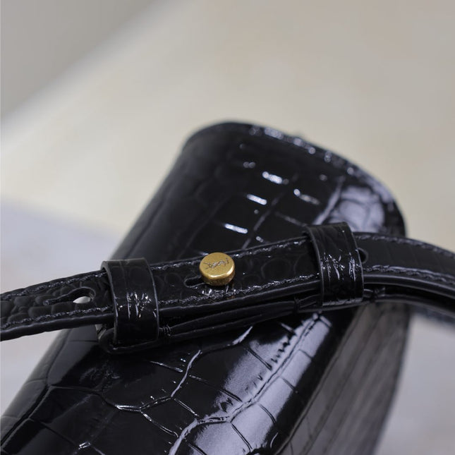 KAIA SMALL CROCODILE PATTERN BAG 18 IN BLACK GLOSSY CALFSKIN COPPER HARDWARE