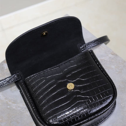 KAIA SMALL CROCODILE PATTERN BAG 18 IN BLACK GLOSSY CALFSKIN COPPER HARDWARE